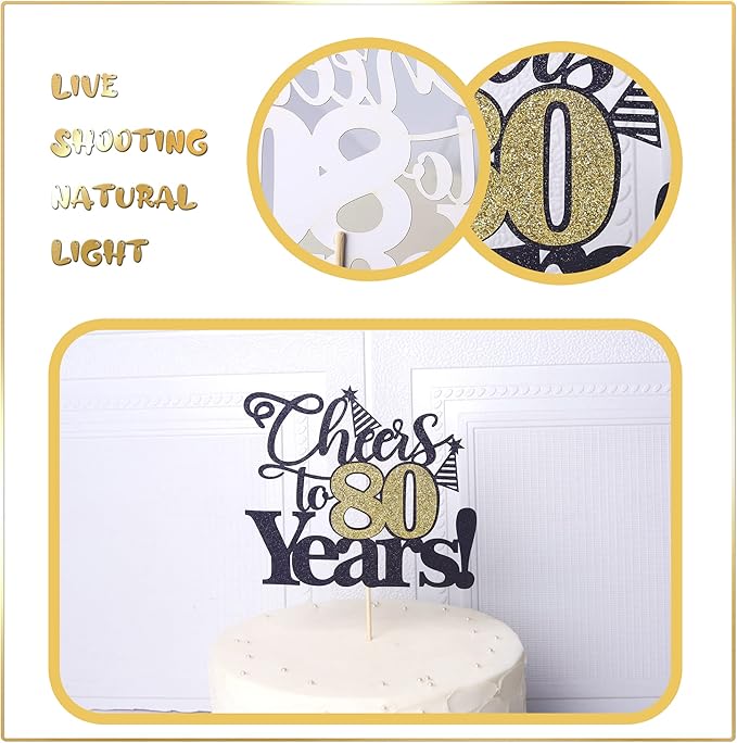 Rsstarxi 1 Pack Cheers to 80 Years Cake Topper Glitter Eighty Years Old 80th Birthday Cake Pick 80 Fabulous Cake Decorations for Happy 80th Birthday Wedding Anniversary Party Supplies Black