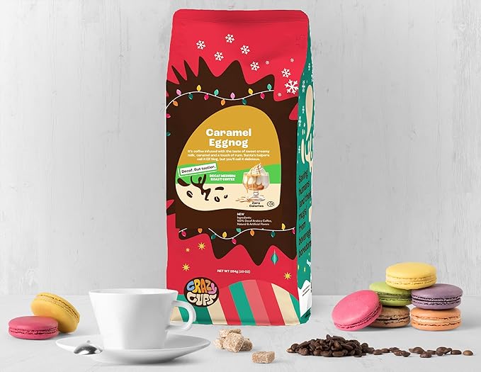 Crazy Cups Flavored Ground Decaf Eggnog Coffee, Decaffeinated Caramel Eggnog Coffee in 10 oz Bag, For Brewing Flavored Hot or Iced Coffee, (Pack of 3)