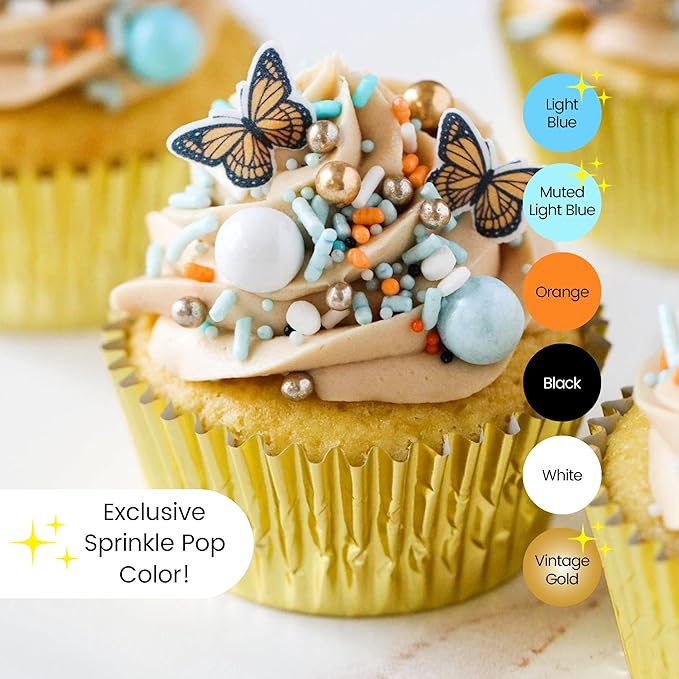 Sprinkle Pop Monarch Butterfly Sprinkle Mix| Blue Orange Sprinkles with ~10 Butterfly Wafer Paper and Gold Dragees| Decorating Sprinkles Made In USA for Mother?셲 Day Cupcakes Cakes Cookies Donuts, 2oz