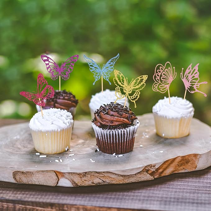 24 PCS Glitter Butterfly Cupcake Toppers Butterfly Theme Party Decoration for Wedding Baby Shower Birthday Party