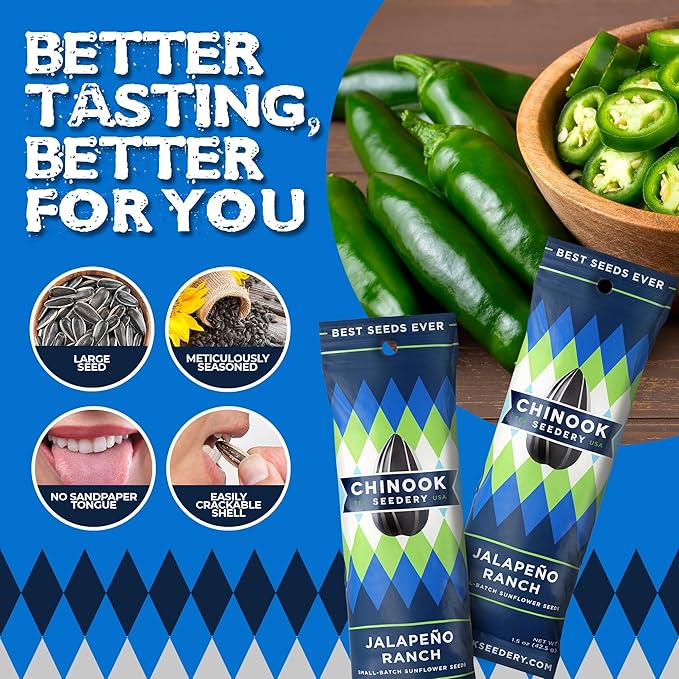 Chinook Seedery Roasted Sunflower Seeds to Eat - 1.5 oz (Pack of 36) Jalapeno Ranch - Jumbo Low Sodium Sunflower Seeds Keto Snacks - Adventure, Baseball, School Snacks - Gluten Free, Non GMO Snacks