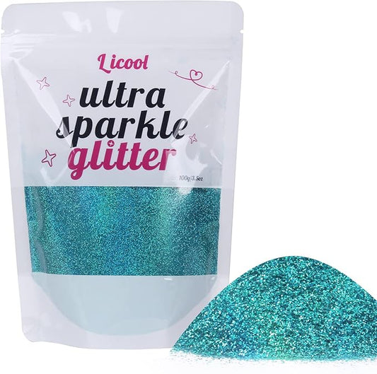 Holographic Fine Glitter, 100g/3.5oz Extra Fine Glitters Powder Packs for Resin, Craft Glitter for Tumblers Candle Slime Making, Festival Body Face Eyeshadow Nail Glitter (Laser Teal Blue)
