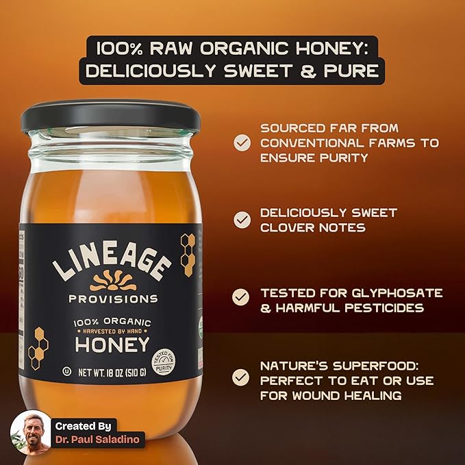 Lineage Provisions 100% Organic Raw Unfiltered Honey – 3-Pack (18 oz Glass Jars) – Undetectable Glyphosate, Chemical-Free, Gluten-Free & Non-GMO – Undergoes no heating, processing, straining, or additives – Hand-Harvested Pure Honey