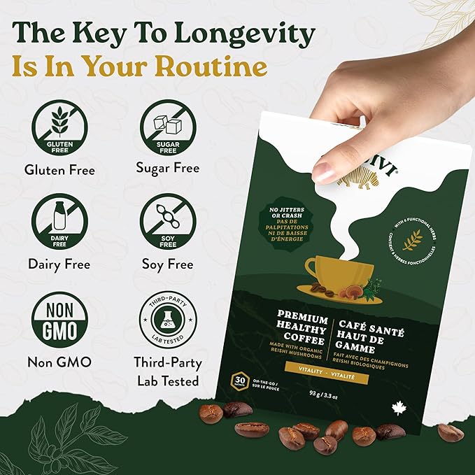 Dodjivi Organic Reishi Mushroom Coffee, Sustained Energy & Focus, Instant Coffee, Arabica with Adaptogenic Herbs, Sugar-Free, Vegan, Keto-Friendly, Low-Acid, Smooth Taste, 30 Sticks Bag
