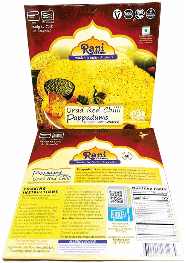 Rani Pappadums (Indian Lentil Wafer Snack) Red Chilli Papad 7oz (200g) Approximately 15pc, 7 inches, Pack of 2 ~ All Natural | Gluten Friendly | NON-GMO | Vegan | Indian Origin