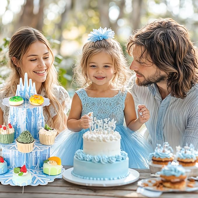 2 Pack Frozen Birthday Party Decorations Frozen Cupcake Stand 3 Tier Snowflake Cupcake Holder Winter Wonderland Decorations for Girls Kids Birthday Princess Party Holiday New Year Christmas Supplies
