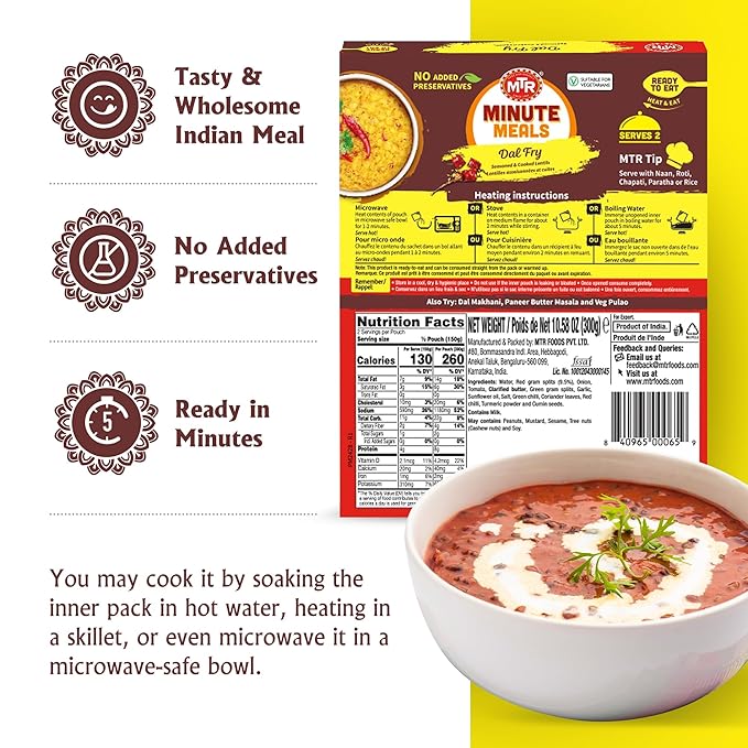 MTR - Minute Meals: Dal Makhani - Rich Black Lentil Curry - Authentic Indian Ready-To-Eat Meal - No Added Preservatives - A Quick Meal Suitable for Vegetarians, Ready in Minutes! (Pack of 6)