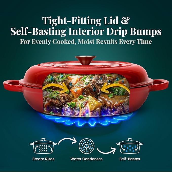 Larder & Vine Enameled Cast Iron Braiser | 3.6 qt Braiser Pan with Lid | Shallow Dutch Oven Compatible on All Cooktops | Casserole Dish Oven Safe to 500ì§?F | Dual Handles | Cabernet