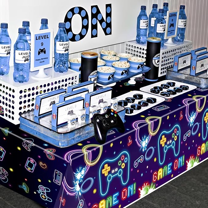 Video Game Party Tablecloths - 3Pcs Neon Video Game Birthday Party Table Covers Decorations, Game on Themed Rectangular Plastic Disposable Table Cloth Decor for Kids Birthday Gaming Events Supplies