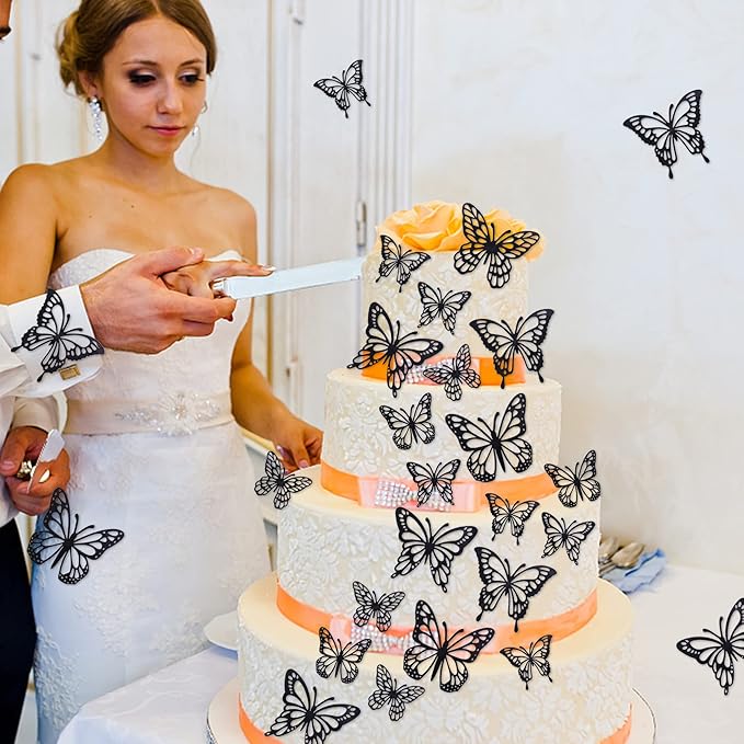 40 PCS Laser 3D Butterfly Cupcake Toppers Hollow Arts Cake Decorations for Baby Shower Wedding Fairy Birthday Party Supplies Wall Sticker Decoration Mixed Styles Black