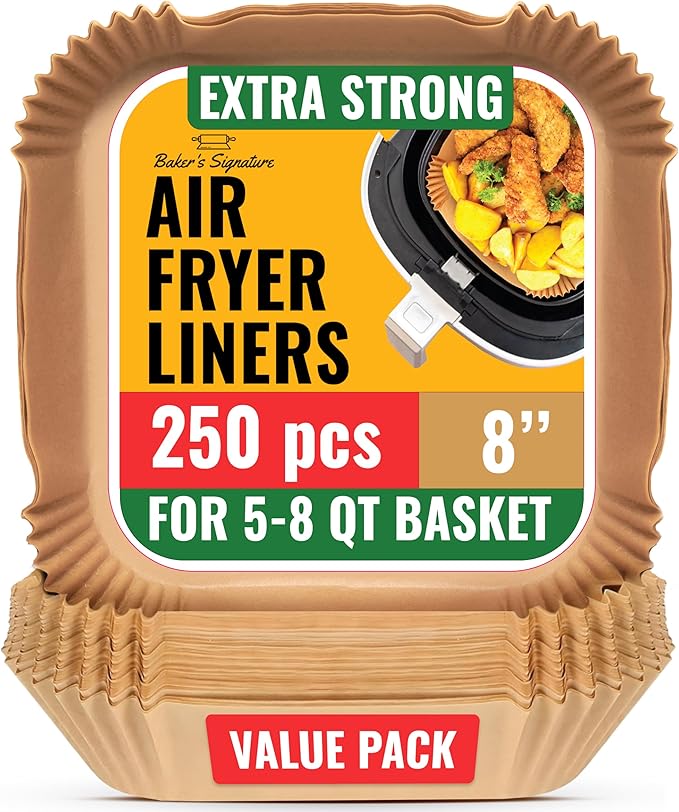 250 pcs Air Fryer Liners, Disposable Airfryer Paper Liners ??Non-Stick and Oil Proof for Easy Cleanup, Great for Oven, Pans & Baking ??8??Square for 5-8 qt Basket by Baker's Signature