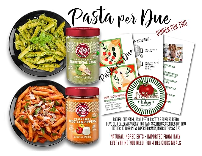 Imported Italian Dinner for Two Meal Kit - Basil Pesto, Ricotta & Peppers Pesto, Pasta, Seasonings and Sweets Gift Box
