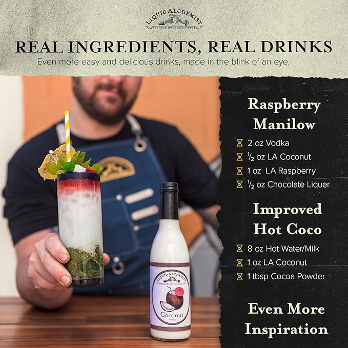 Liquid Alchemist Coconut Syrup for Drinks - Real Ingredients Make our Cream of Coconut Syrup a Perfect Pina Colada Drink Mix - Tropical Flavoring for Drinks - Vegan & Non-GMO (12.7 oz)