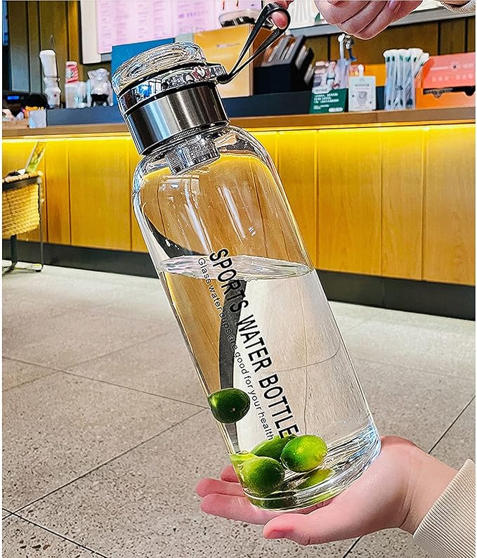 2L Glass Water Bottle with Strap Outdoor Travel Sports Portable Leak Proof Beverage Tea Glass Bottle (Glass,2000ml)