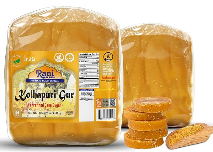 Rani Kolhapuri Gur (Jaggery) 17.5oz (1.1lbs) 500g ~ Unrefined Cane Sugar, No Color added, Gluten Friendly | Vegan | NON-GMO | Kosher | No Salt or fillers
