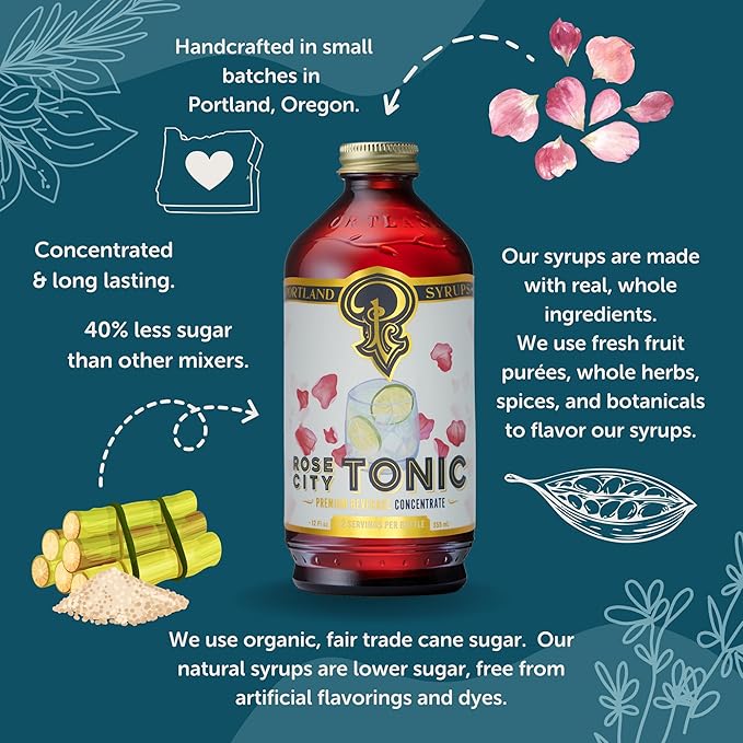 Portland Syrups Rose City Tonic Concentrate - Craft Delicious Cocktails, Mocktails, Sodas, and More - 12 oz with 24 Servings (Pack of 2)