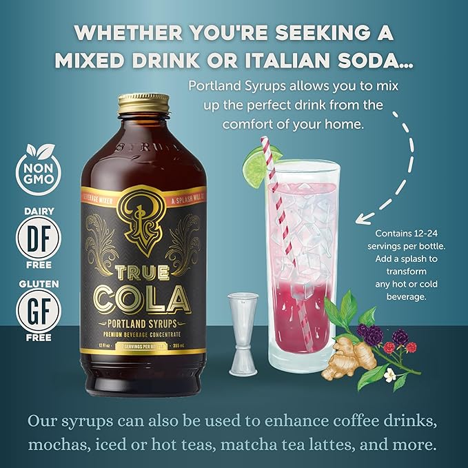 Portland Syrups True Cola – Premium Small-Batch for Cocktails, Mocktails, and Homemade Sodas – Made with Real Kola Nut and Whole Spices – 40% Less Sugar – – 12 oz bottle with 12 Servings (Pack of 1)