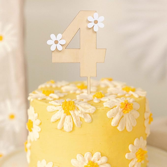 Wooden Daisy Cake Topper - 4th Birthday & Anniversary Decor, Retro Groovy & Boho Styles, Wooden Cake Decorating Supplies
