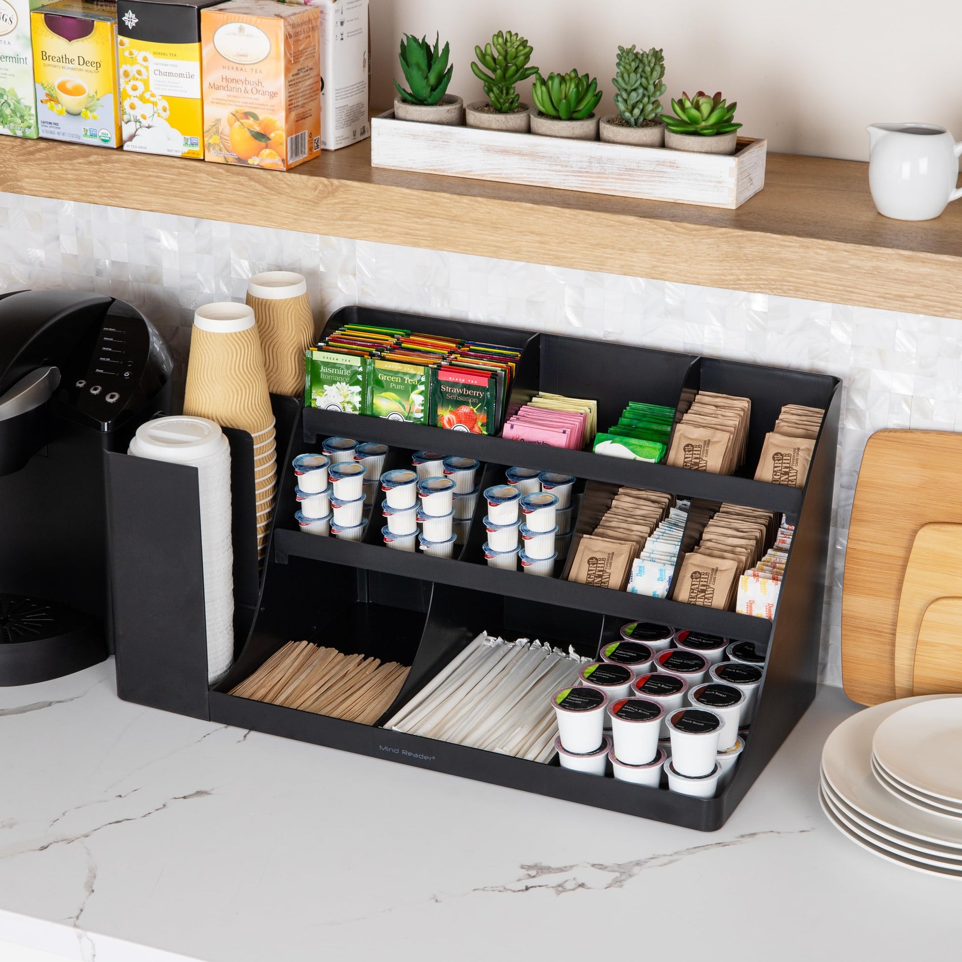 Mind Reader Large Cup and Condiment Station, 14-Compartment Countertop Coffee Organizer for Cups