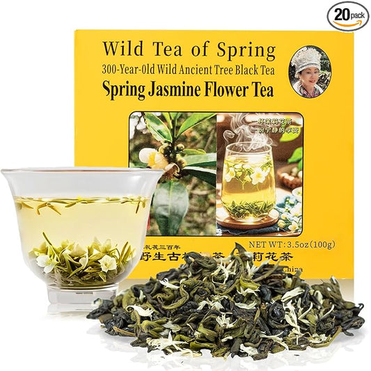 The Spring Tea Premium Grade Ancient Tree Black Tea & Jasmine Tea From Wild 300+ Year Old Tree, Loose Leaf with Dual Tea Collection, Just harvested in Spring 2025, Exquisite, Handpicked, Gift Package, 3.5oz/100g