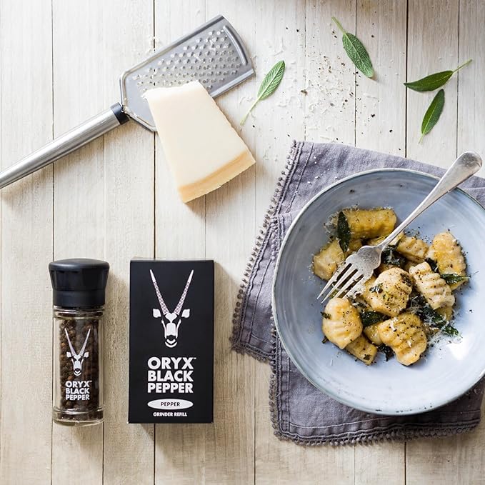 Oryx Black Pepper Grinder & Refill Box Combo - 3.52oz/8.8oz - Premium Whole Black Peppercorns from Madagascar, Fresh Naturally Organic, Refillable +20x Pepper Grinder - Ideal for Home Cooking & Dining