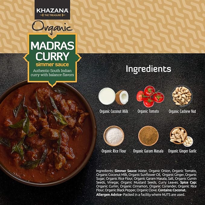 Khazana ORGANIC Madras Curry Indian Simmer Sauce - 6 x 12.7oz Jars | Non-GMO, Vegan, Gluten Free, Kosher | Authentic Indian Meals Made Easy at Home!