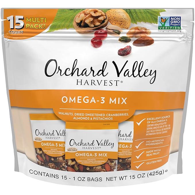 Orchard Valley Harvest Omega-3 Mix, 1 Ounce Bags (Pack of 15), Walnuts, Cranberries, Almonds, and Pistachios, Gluten Free, Non-GMO, No Artificial Ingredients, Healthy Snacks for Adults