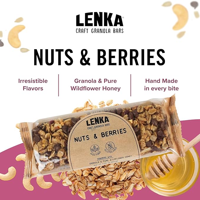 Lenka Bars - Nuts & Berries Snack Bars, Gluten Free, High Fiber, Kosher, Wholesome, No Artificial Flavors, Individually Wrapped - 12 Pack