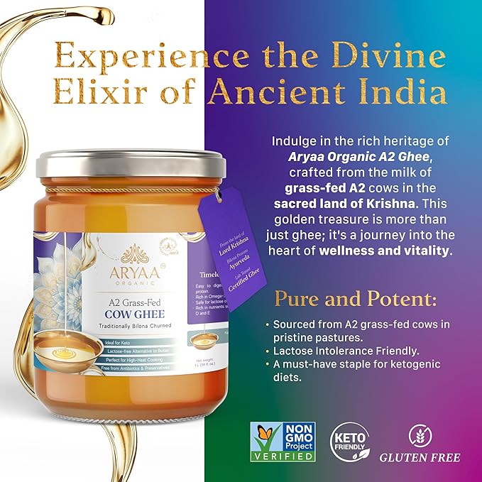 Aryaa Organic A2 Ghee | Grass-fed Cow Ghee, Bilona Method |1Liter (34 fl oz) | Premium Ayurvedic Elixir | Lactose-free, Non-GMO, Keto-Friendly, Gluten-Free, Hormone-Free, Additive Free