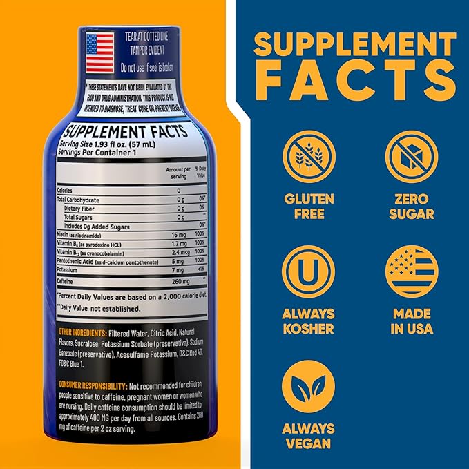 B12 Overload Extra Strength Energy Shot ??Mixed Berry ??260mg Caffeine, 14000% B12, Electrolytes ??Energy & Vitality Support ??Zero Sugar No Calories ??Vegan, Kosher, Gluten-Free ??1.93 fl oz, 10-Pack