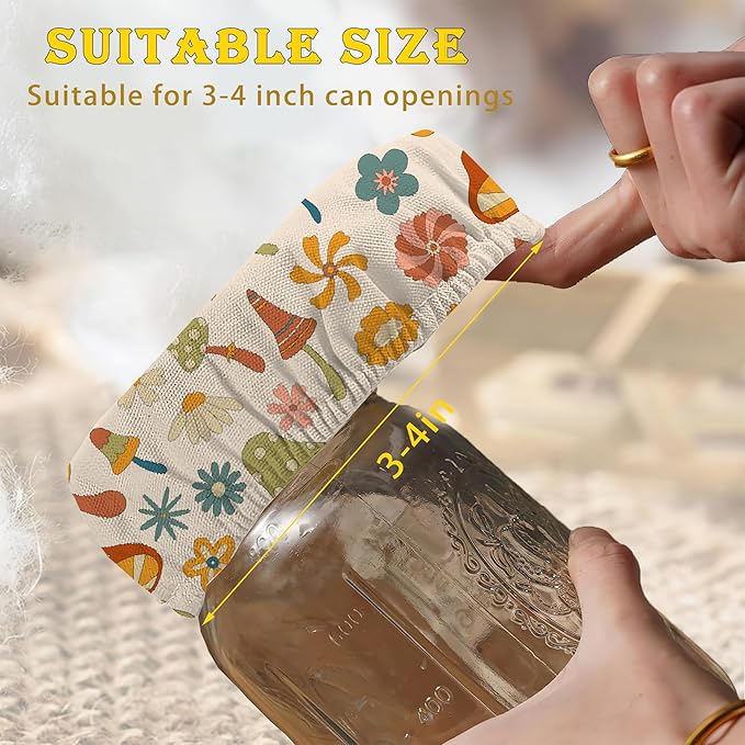 Vintage Mushrooms Sourdough Starter Jar Cloth Covers, Gifts for Women Baker 5 Pack Kit Stretchy Cloth Bowl Lids Fits Jar Mouth Ranging 3"- 4" Inches