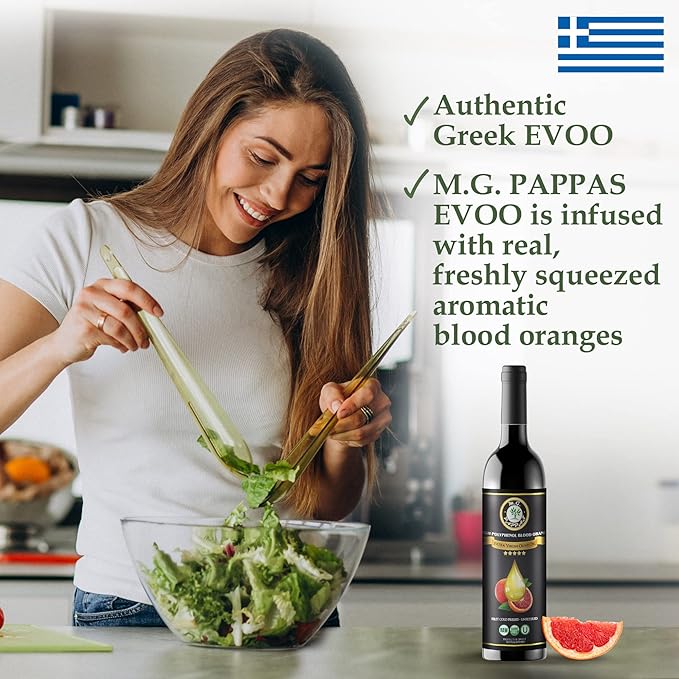 M.G. PAPPAS High Polyphenol Rich Blood Orange-Infused Olive Oil Extra Virgin - Over 500mg/kg - Cold Pressed & Unfiltered - High Hydroxytyrosol Greek Olive Oil Award Winning - 12.7 Oz