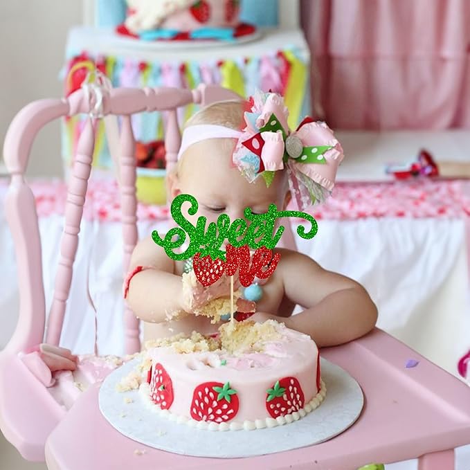 1Pc Strawberry 1st Birthday Cake Topper Red Glitter Sweet One First Birthday Strawberry Cake Pick Decoration for Sweet Fruit Theme Baby Shower Kids Birthday Party Supplies