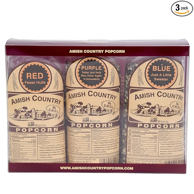 Amish Country Popcorn | 3 (1 Lb Variety Gift Set) - Red, Purple & Blue Kernels | Old Fashioned, Non-GMO and Gluten Free