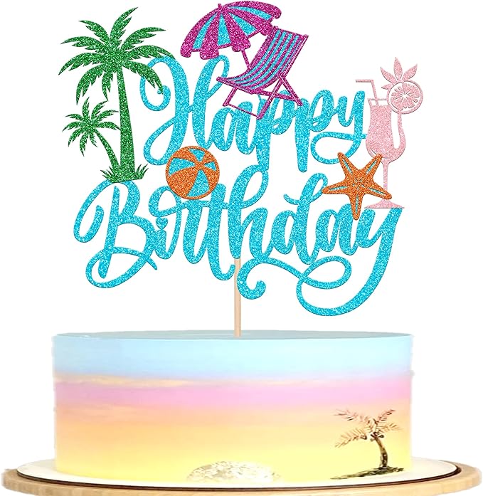 Rsstarxi 1 Pack Summer Beach Happy Birthday Cake Topper Pool Birthday Cake Decorations Chair Ball Cupcake Picks for Hawaiian Holiday Baby Shower Party Decorations Blue