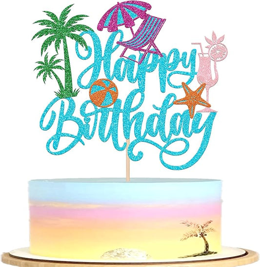 Rsstarxi 1 Pack Summer Beach Happy Birthday Cake Topper Pool Birthday Cake Decorations Chair Ball Cupcake Picks for Hawaiian Holiday Baby Shower Party Decorations Blue