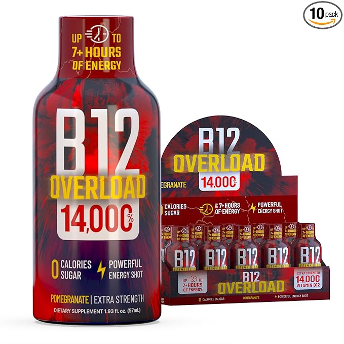 B12 Overload Extra Strength Energy Shot ??Pomegranate ??260mg Caffeine, 14000% B12, Electrolytes ??Energy & Vitality Support ??Zero Sugar No Calories ??Vegan, Kosher, Gluten-Free ??1.93 fl oz, 10-Pack