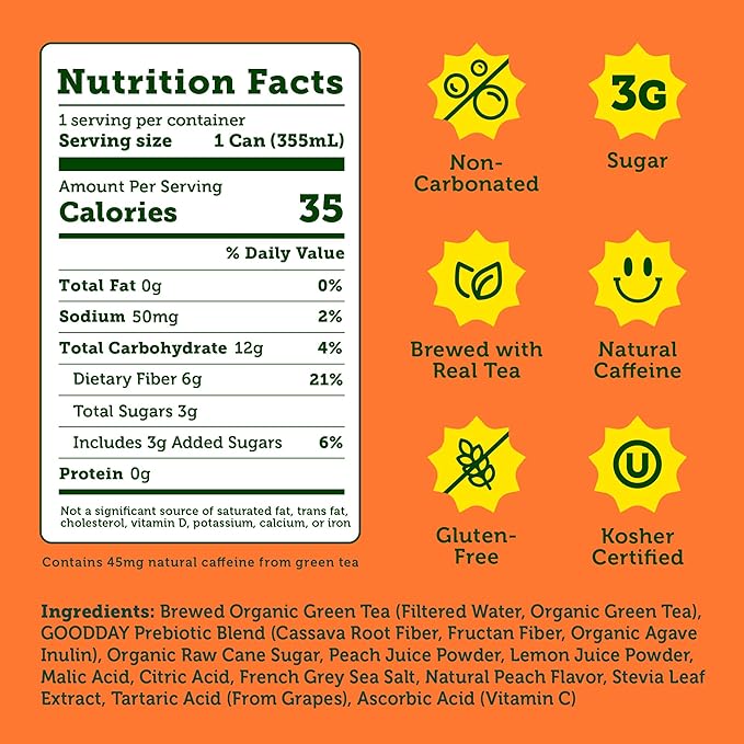Halfday, Prebiotic Peach Iced Tea, 12 Fl Oz Can