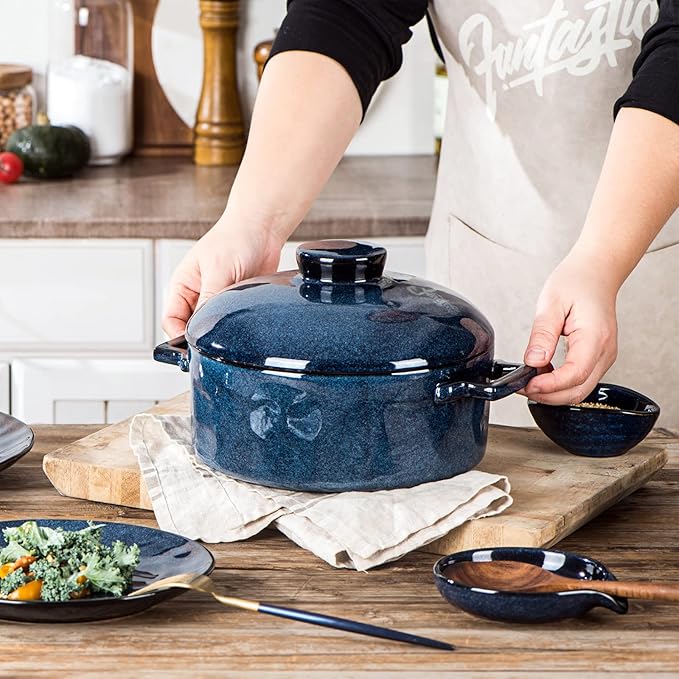 Vicrays Casserole Dish with Lid - Ceramic Lasagna Pan Deep 2 Quart Round Baking Dishes Covered Bakeware for Oven Safe Serving Dish with Handles for Party Dinner Banquet Daily Use (Blue)