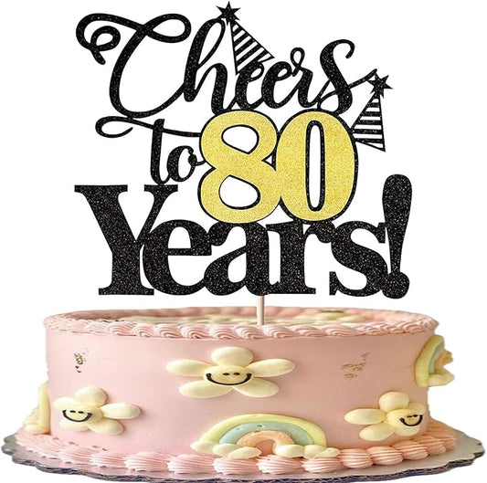 Rsstarxi 1 Pack Cheers to 80 Years Cake Topper Glitter Eighty Years Old 80th Birthday Cake Pick 80 Fabulous Cake Decorations for Happy 80th Birthday Wedding Anniversary Party Supplies Black