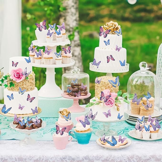 Morofme 40Pcs Wafer Paper Butterfly Cupcake Toppers Edible Butterflies Cake Decorations Butterflies Themed Cake Toppers Mixed Sizes for Birthday Baby Shower Party