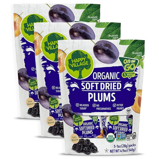 Happy Village Organic Soft Dried Prunes (Plums) On the Go – 3 Bags (15 Individual Portion Packs) | ORGANIC, NON-GMO, GLUTEN-FREE, Vegan, Kosher, | Healthy Dried Fruit Snack Packs