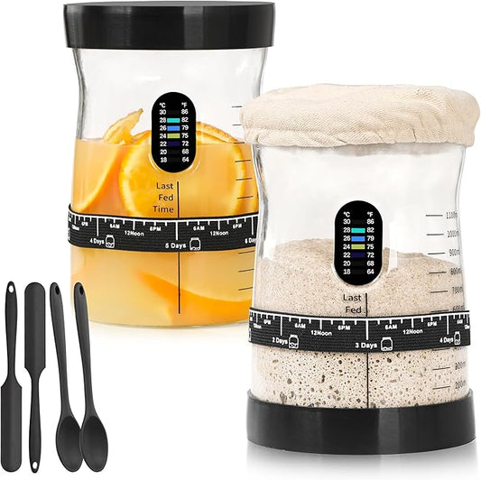 Sourdough Starter Kit -50 Oz Wide Bore and Large Capacity Sourdough Starter Jar，Thermometer, Feeding Band- Perfect Sourdough Bread Baking Supplies, Baking Gifts(2 Jar)