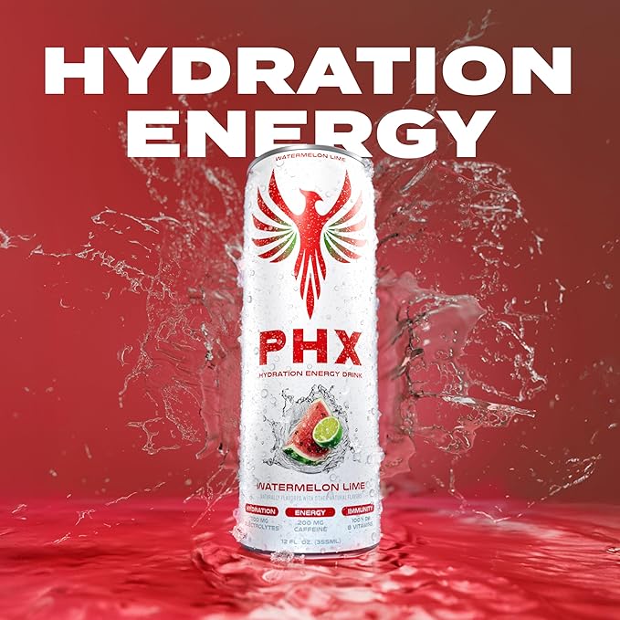 PHX Hydration Energy Drink - 700mg Electrolytes, 200mg Natural Green Tea Caffeine, 100% Daily Value 8 Essential Vitamins - 12 oz Cans (12 Pack) (12 Pack, Variety Pack)