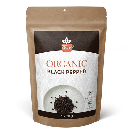 SPICY ORGANIC Black Peppercorns ??8 oz - Whole, Fresh, and Spicy Black Pepper for Grinder Refill, Premium Ceylon Quality, USDA Certified Organic, Gluten-Free, and Kosher