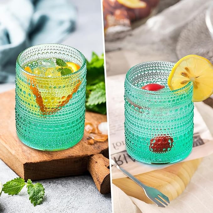 Set of 4 Vintage 12 oz Crystal Glasses, Old Fashioned Glass Cups for Water, Juice, Coffee, and Beer (Aqua Blue)