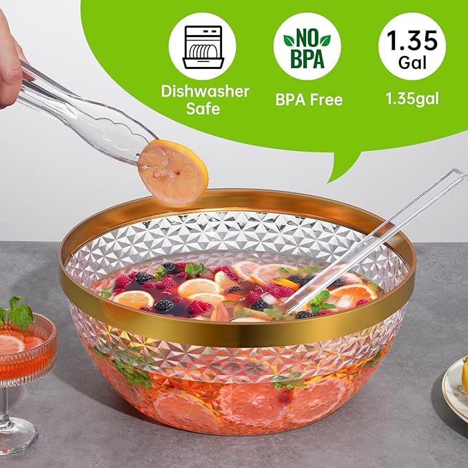 NiHome Gold Trim Clear Plastic Punch Bowl with Ladle and Tong for Parties, Weddings, BBQs, 1.4 Gallon Beverage Serving Bowl Complete Set for Cocktails, Salads, Snacks, Easy to Clean