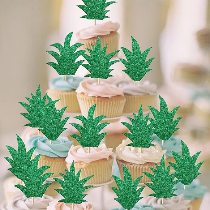 24 Pack Pineapple Cupcake Toppers Glitter Donut Pineapple Leaf Cupcake Picks Tropical Hawaiian Luau Pineapple Theme Baby Shower Kids Birthday Party Cake Decorations Deep Green