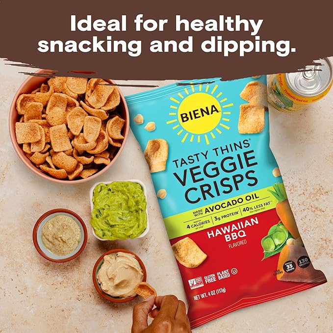 BIENA Tasty Thins Veggie Crisps ??Hawaiian BBQ, 4-Pack, 4 oz Bags ??Chickpeas & Veggies, Vegan, Gluten Free, Dairy-Free, Non-GMO, Allergy-Friendly, Healthy Snacks for Adults and Kids