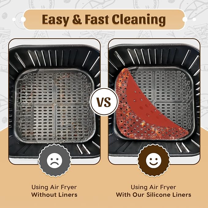 Reusable Square Silicone Air Fryer Liners (8.5 Inch, 3 Pack) by Linda’s Essentials - Non-Stick, Easy-Clean Accessories with Cheat Sheet & Recipe Book, Perfect for Quick Meals